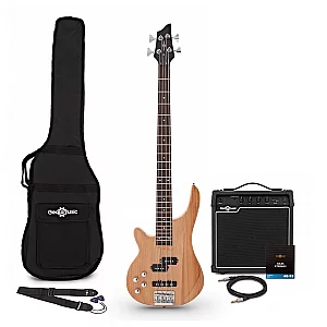Chicago Left Handed Bass Guitar Natural 15W Bass Amp and Accessory Pack