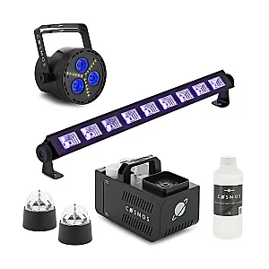 Cosmos Haunted Disco Halloween Party Lighting Bundle with UV Bar Strobe Disco Lamp and Fog Machine