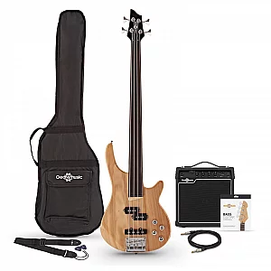 Chicago Fretless Bass Guitar Natural 15W Bass Amp and Accessory Pack