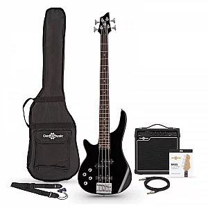 Chicago Left Handed Bass Guitar Black 15W Bass Amp and Accessory Pack